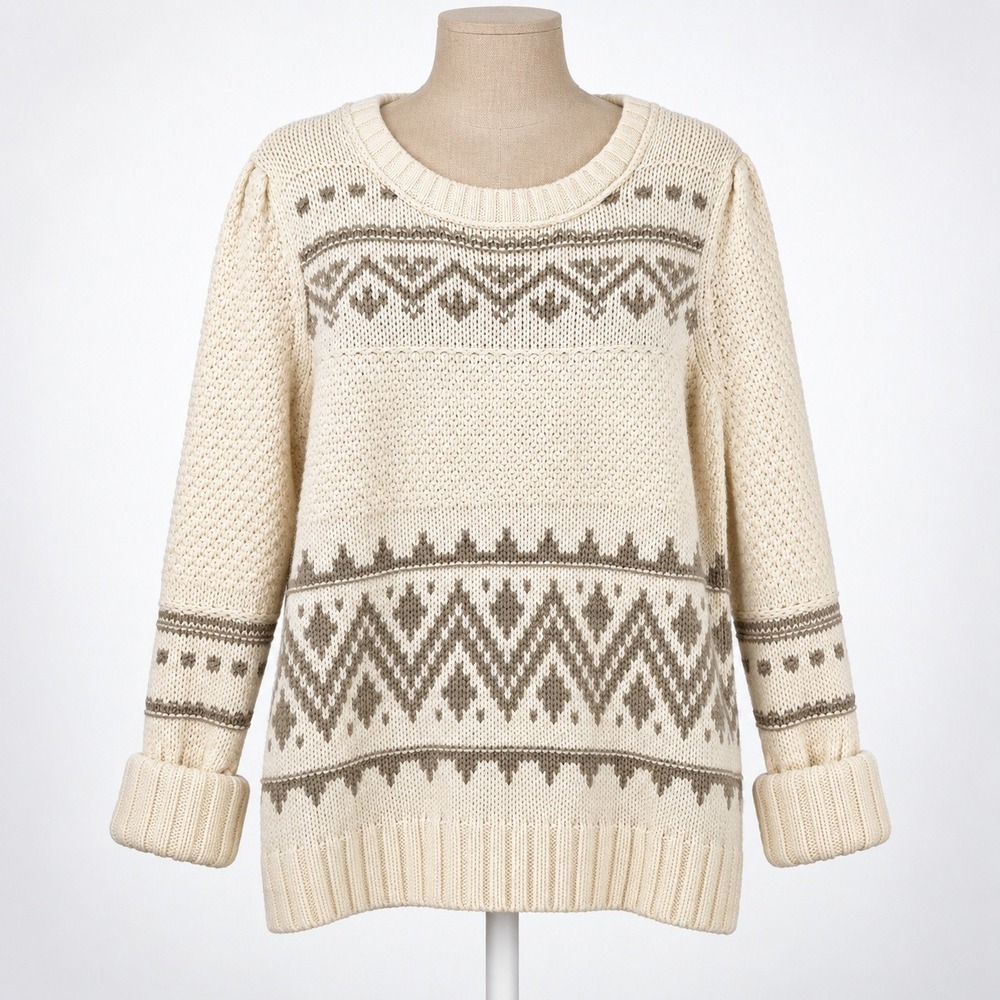 Fair Isle Geometric Knit Sweater Size L Cream Nordic Cottagecore Chunky Apre Ski